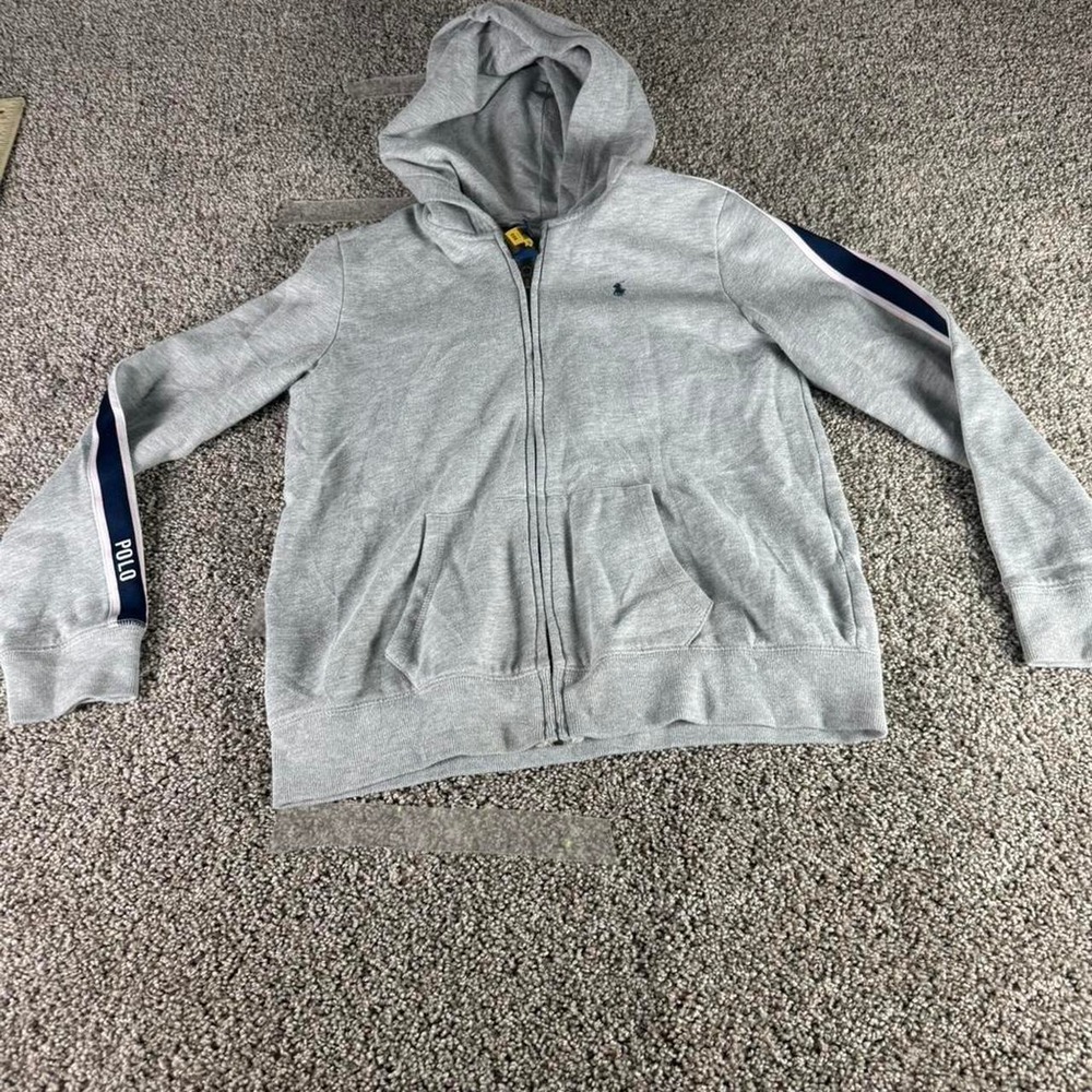 Polo Ralph Lauren Kids XL 16 Gray Full Zip Hoodie Logo Sleeve Tape Sporty Sweat